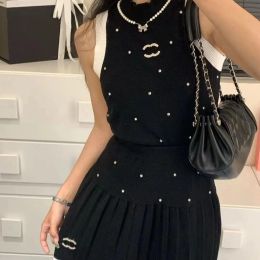 Designer Paris Ladies Letter Embroidery Sleeveless Knit slim Vest T-shirt + Pleated skirt Ladies Outdoor Golf Casual Luxury two-piece set