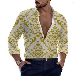 Men's Casual Shirts Dress Up Shirt Mens Muscle Party T Fitness Lapel Long Sleeve Band Collar Printed Button Down