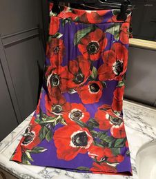 Skirts High Quality Fashion Runway Designer Red Anemone Flowers Printed Women Long Pencil Summer Leopard Lining Elegant Skirt