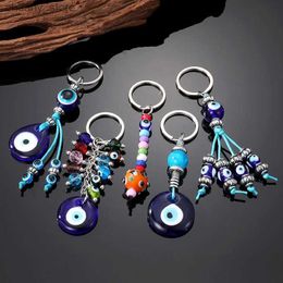 Keychains Lanyards Crystal Colourful Turkey Blue Eye Bead Keychain Key Ring Women Men Unique Glass Lucky Evil Eye Bag Car Holder Box Key Accessories Y240417