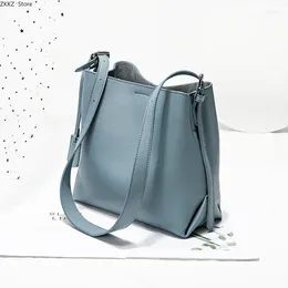 Evening Bags White Blue Solid Color Simple Design Bucket Bag Cowhide Leather Women Shoulder High Quality Suede Inside Messenger