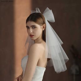 Wedding Hair Jewellery V302 White Bridal Veil Elastic Mesh Pearls Bows Multi-Layer Semi-Transparent Tulle Shoulder Length Brides Veil with Hair Comb