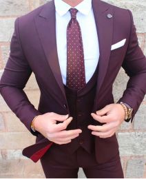 Tuxedos New Custom Made Burgundy Men Wedding Suits Peaked Lapel One Button Formal Groom Tuxedos Prom Suits 3 Piece(Jacket+Vest+Pans+Tie)