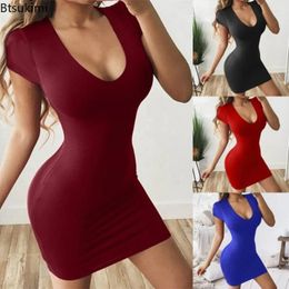 Casual Dresses 2024 Women's Sexy V Neck Bodycon Dress Ladies' Summer Short Sleeve Bandage Club Party Solid Female Mini Vestidos