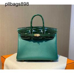 Brkns Handbag Genuine Leather 7A Handswen Green with Crocodile Skin Touch Gold Button 25CM Womens600Q