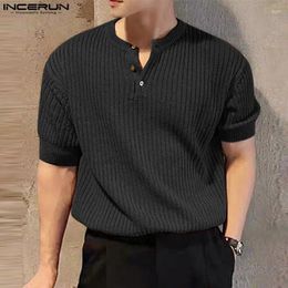 Men's T Shirts INCERUN Tops 2024 Korean Style Men All-match Small V-neck T-shirts Stylish Streetwear Striped Solid Short Sleeved Camiseta