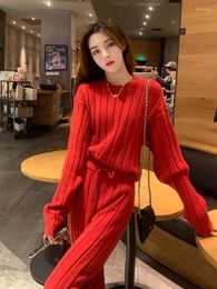 Women's Two Piece Pants 2024 Women Casual Two-Pieces Siut Sets Solid Knit O Neck Elegant High Waist Wide Leg Pant Fashion Sweater Female