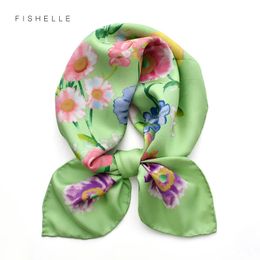 Luxury 100% twill silk scarf women headband printing green flower 65cm square bandana foulard ladies hair scarves headscarf warp 240408