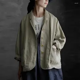 Women's Jackets Johnature Spring Vintage Simple 2024 Linen Turn-down Collar Casual Loose All Match Button Pockets Women Coats