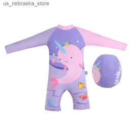 One-Pieces 2PCS unicorn whale print baby swimsuit pink long sleeved childrens swimsuit UPF 50 Q240418