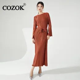 Casual Dresses COZOK 2024 Spring Summer Style Dress Elegant Fashionable Women Stylish Lace-up Long Sleeve Solid Color WT947