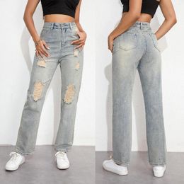 Women's Jeans High Waisted Boyfriend Distressed Ripped Stretch Cropped Sky Blue