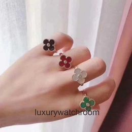 High End jewelry rings for vancleff womens V Gold Clover Ring Full Diamond White Shell Red Black Agate Ring Original 1:1 With Real Logo