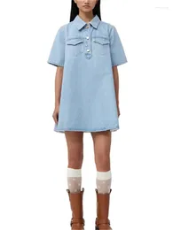 Casual Dresses Women Light Blue Denim Short Robe 2024 Summer Turn-Down Collar Pockets Simple Female Mini Dress
