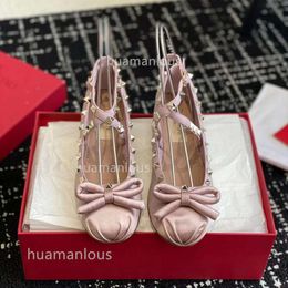 Bow Girl Shoes Flat Ballerinas Shoe Stud Tino Ballet Knot Single Female Round Head Bottom Rivet Cross Buckle Ribbon Shallow Cut OUXL