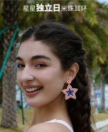 Designer's new national style five-pointed star red white blue Colour hand-beaded Independence Day rice bead earrings