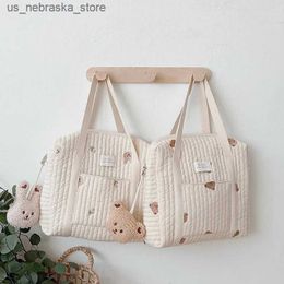 Diaper Bags Korean newborn baby care diaper bag mummy shoulder bag bear embroidered bedding cart storage Organiser big messenger bag Q240418