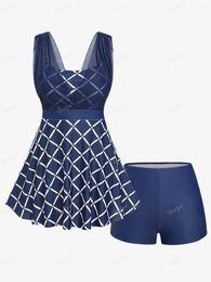 Women's Swimwear ROSEGAL Plus Size Plaid Print Tankini Swimsuits Women Summer Beachwear V Neck Boyshorts Two Pieces Set