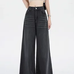 Women's Jeans SuperAen Black Grey Wide Leg For Design High Waist Retro Flare Ragged Edge