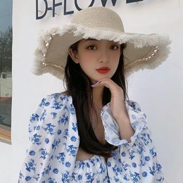 Straw Hat Womens Summer Small Fresh Fur Brim Large Brim Flat Top Sun Protection Hat Beach Trip Woven Sun Hat Fashion Panama Hat 240412