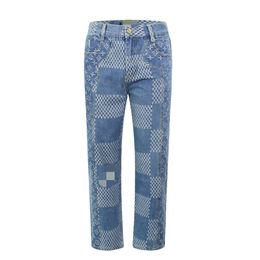 Latest Fashion Jeans Designer Jeans Washed Couple High Waist Blue Brand Straight Tube Pants Slim Fit Checkerboard Spliced Casual Pants for Men and Women