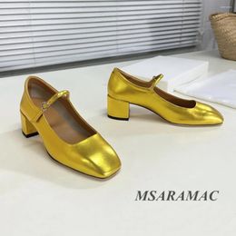 Dress Shoes 2024 Gold Metallic Leather Front Strap Square Heel Mary Jane Retro Real Toe Women's High-heel Summer