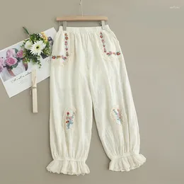 Women's Pants Spring Summer Sweet Embroidered Women Casual Pockets Elastic Waist Ankle-length Y0403