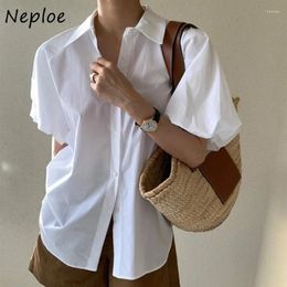 Women's Blouses Neploe Simple Single Breasted White Shirts Women Y2k Mid-length Loose Blusas Mujer 2024 Summer Lantern Sleeve