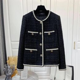 Women's Jackets 2024 Fashion Designer Vintage Wool Blends Coat For Women Black Tweed O-Neck Long Sleeve Elegant Single Breasted