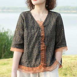 Women's Blouses 2024 Summer Casual Loose Elegant Fashion Retro Office Lady Shirt Cotton Linen Lace V Neck Short Sleeve Chic Y2K Tops