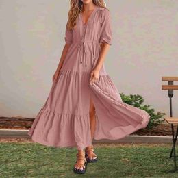 Basic Casual Dresses Sundresses For Women Solid Colour Short Sleeve V Neck Ruffles A-Line Side Slit Maxi Dress For Women 2024 Bohemian Vacation Dress