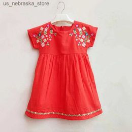 Girl's Dresses Baby Girl Embroidered Summer Princess Dress Girl Birthday Party Dress Cotton Blue Dress Childrens Leisure Korean Children Q240418