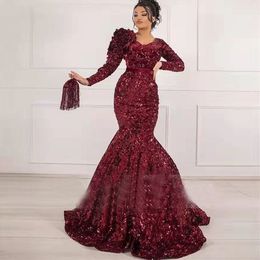 2024 Evening Wear Bury V Neck Long Sleeves Mermaid Sweep Train Sequined Lace Ruffles Plus Size Prom Gowns Party Dresses