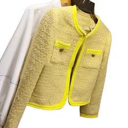 Women tweed woolen o-neck yellow color short desinger jacket coat SMLXL