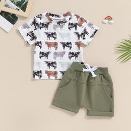 Clothing Sets Vintage Summer Kids Baby Boys Clothes Short Sleeve Cow Print T-shirts Tops Rolled Shorts Toddler Outfits