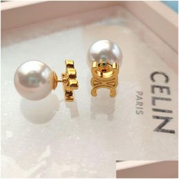 Stud Luxury Big Pearl Brand Letters Designer Earrings For Women 18K Gold Studs Elegant Charm Diamond Double Side Ball Aretes Earings E Otvfk