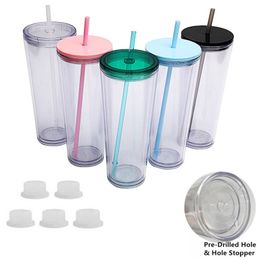 24oz Snow Globe Plastic Cups Double Wall Insulated Acrylic Tumbler Transparent Large Drinking Sippy Cup Mug With Pre-Drilled Hole & Silicone Stopper