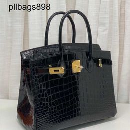 Designer Handmade 7a Handbag Bikns Genuine Leather Wax Thread High gloss Crocodile Skin Belly Bright Face Womens 25 Black High Feeling Western StyleOU1U