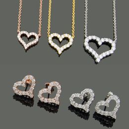 Designer Jewelry Women Diamond Heart Pendant Necklaces Rose gold Earrings Suits Never Fading Stainless Steel 3 Colors Silver Golde224b