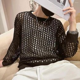 Men's T Shirts Men Hollow Top Mesh Fishnet Solid Color Round Neck Loose Long Sleeve Clubwear Hip Hop See-through Elastic Pullover Party