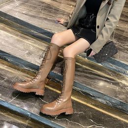 Boots Cross-Strap Comfort Soft Leather Platform For Women High Heel Punk Style Short Plush Lining Winter Warm Knee