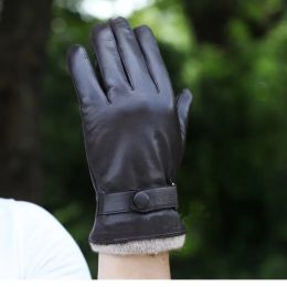 New Men's Genuine Leather Winter Gloves Black Real Sheepskin Touch Screen Driving Gloves with Wool Knit Cuff