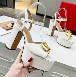 European and American open toed ultra-high heel sandal designer elegant leather metal buckle decoration women's thick high heels sexy walking 35-42 with box