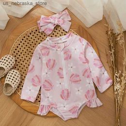 One-Pieces Summer baby girl swimsuit beach dress cute princess baby swimsuit floral/ice printed long sleeved zippered childrens swimsuit Q240418