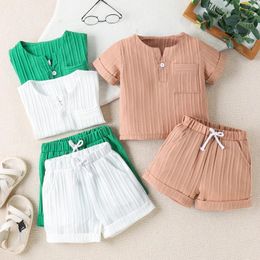 Clothing Sets Summer Kids Toddler Boys Outfits Solid Color Button Pocket Short Sleeve Tops Elastic Waist Shorts Clothes Set