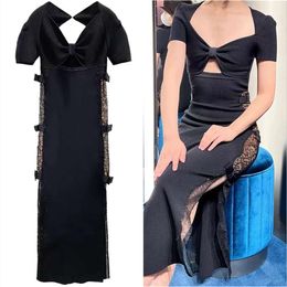 SP Summer Square Neck Bow Slit Knitted Dress Women's Slim Fit Temperament Slim Little Fragrance Style Clothes FZ2404179