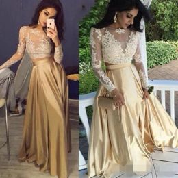 Champagne Two Piece Prom Dresses 2024 Long Illusion Bodice Lace Applique Elastic Satin Tulle Floor Length Jewel Neck Formal Evening Gowns