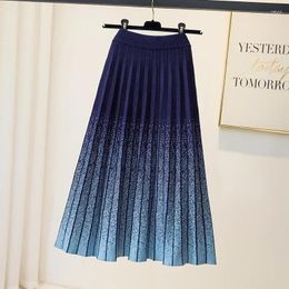 Skirts Fashion Gradient Knitted Long Skirt Women 2024 Fall Winter Vintage Vertical Stripe High Waist Pleated Midi Female Z526