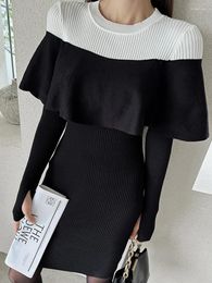 Casual Dresses Autumn Winter Knitted Black And White Splicing For Women Ladies Sweater Skinny Dress Mujer Vestidos Stretchy Clothes