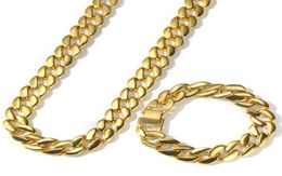 High Quality Yellow White Gold Plated Cuban Chain Necklace Bracelet Set for Men Cool Hip Hop Jewelry Gift7306241